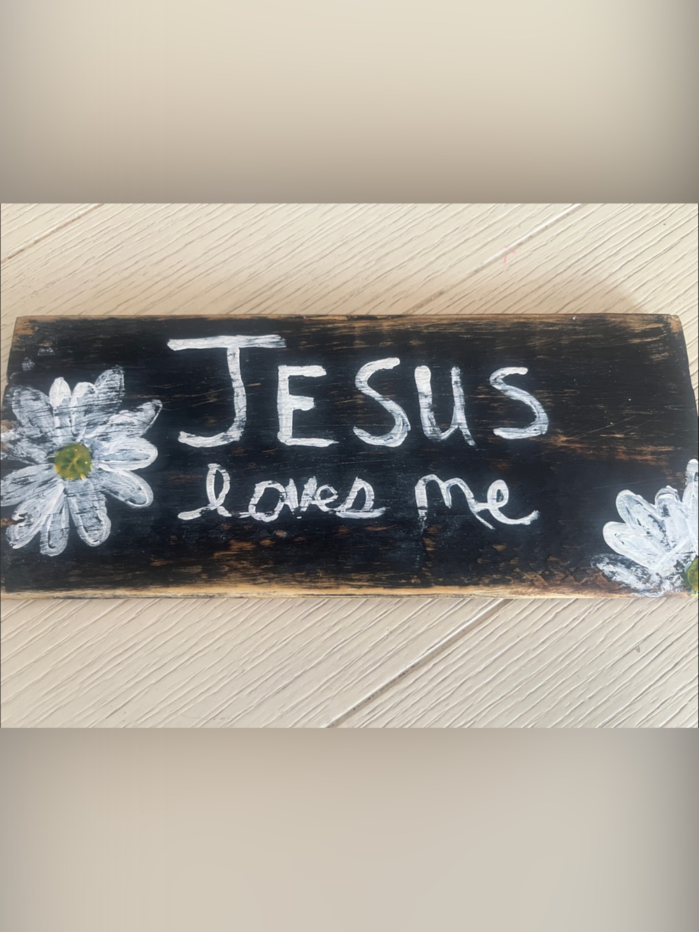 Rustic Hand Crafted Black "Jesus Loves Me" Wooden Sign with White Daisies - Picture 9 of 10